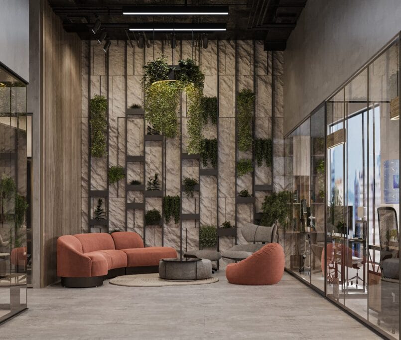 Bureau innovant avec un mur végétal et des espaces de détente confortables, parfait pour un environnement de travail créatif et détendu.