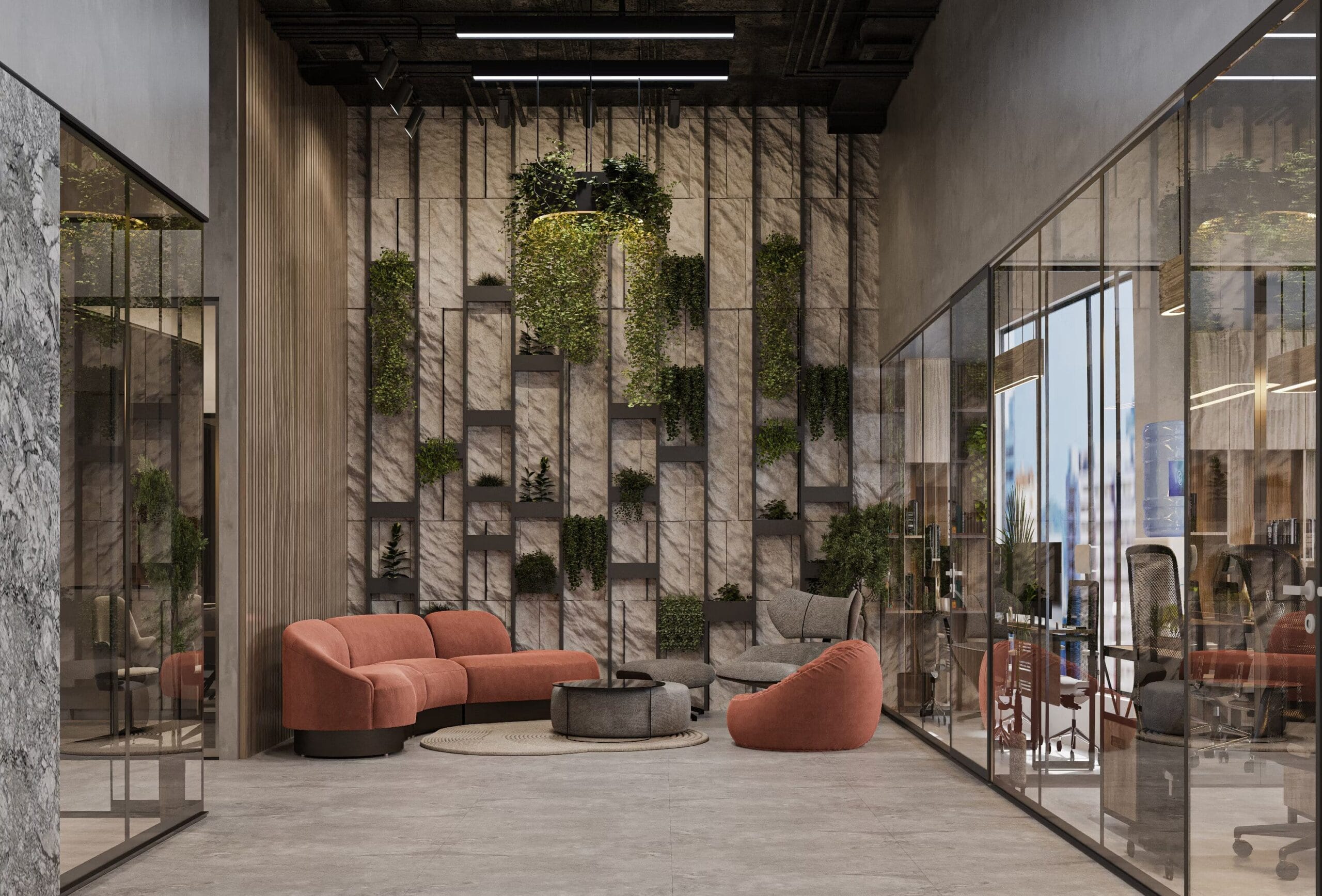 Bureau innovant avec un mur végétal et des espaces de détente confortables, parfait pour un environnement de travail créatif et détendu.